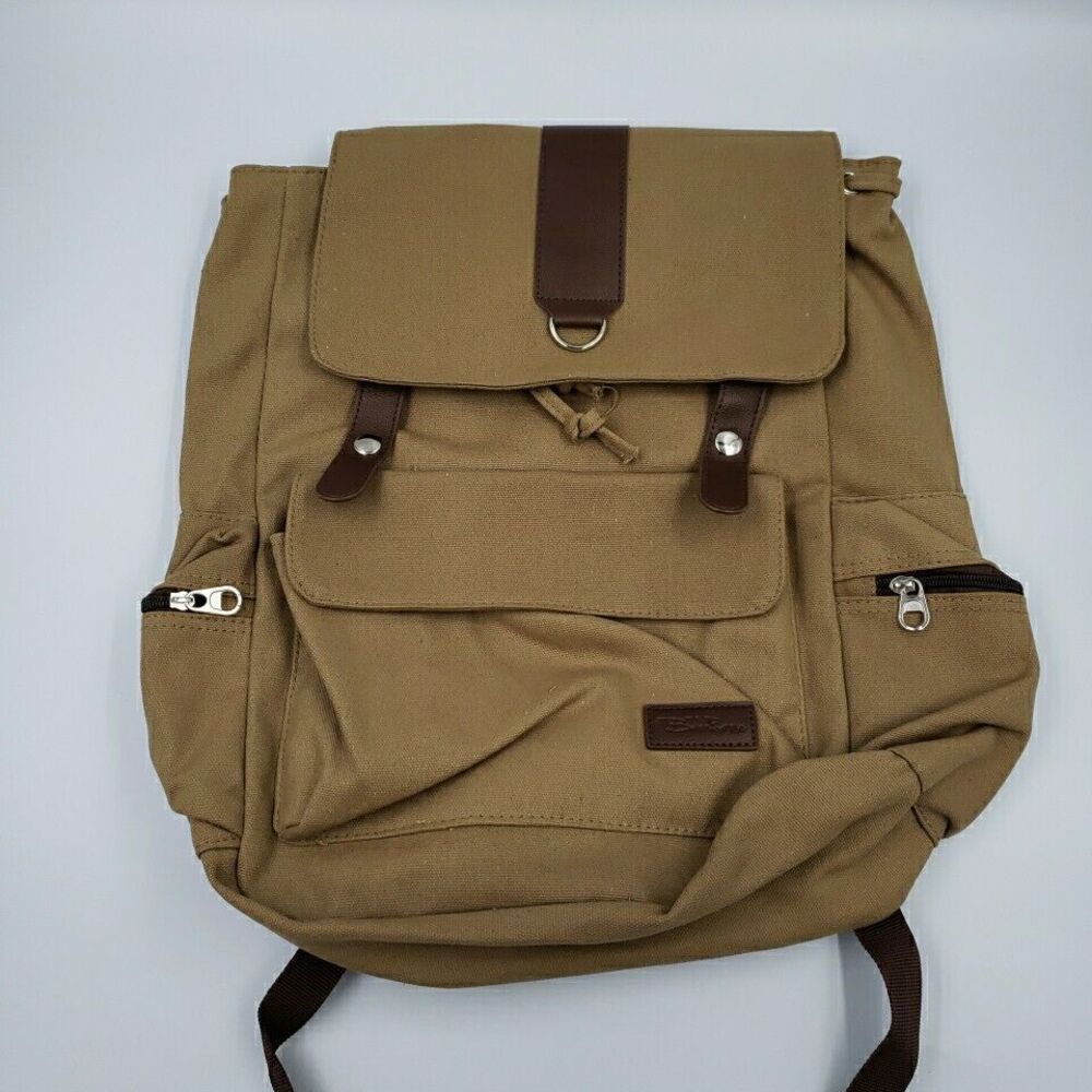 Large Canvas Backpack Unisex Tan Khaki Drawstring Pockets Durable by Bella Russo